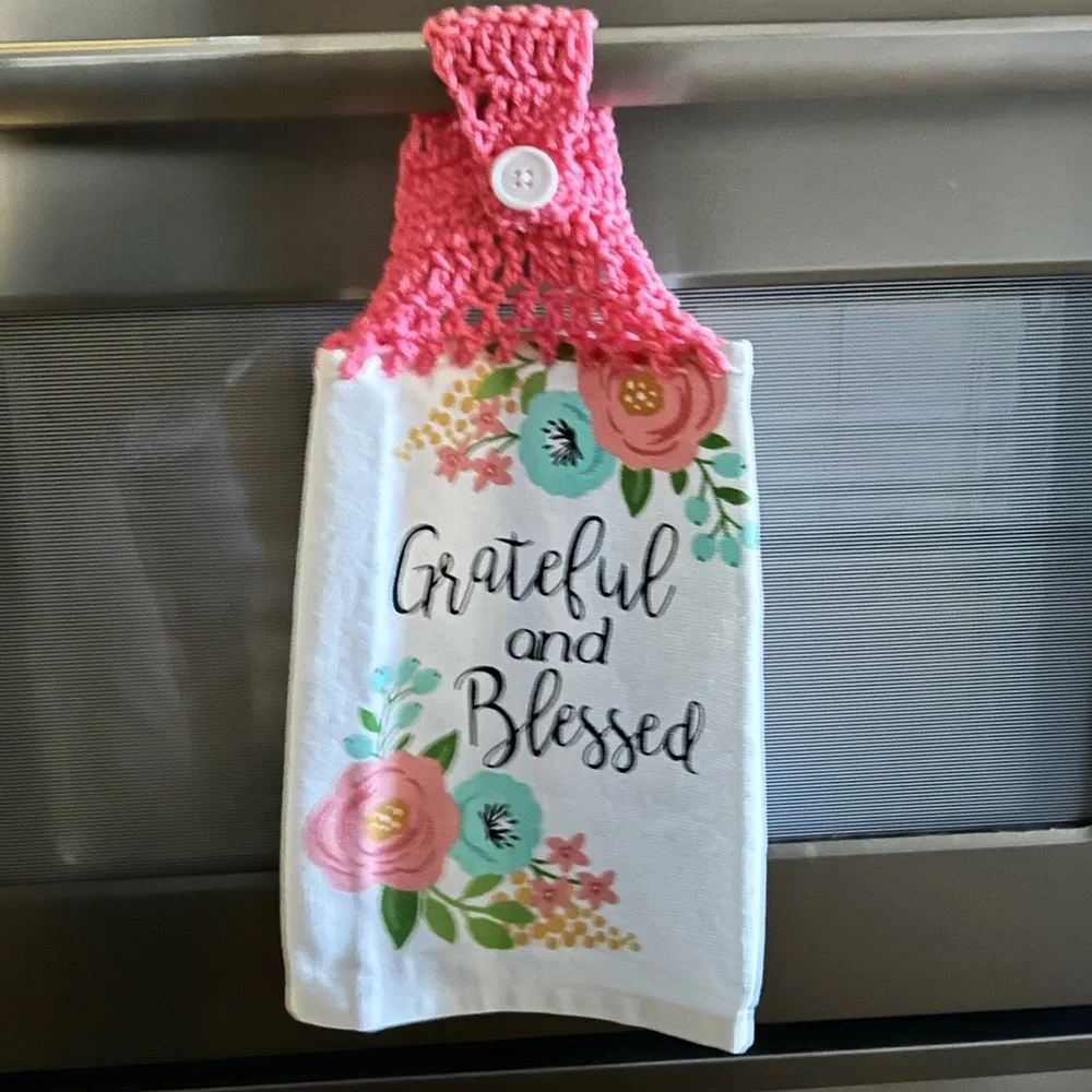 Hand Crafted Floral Hanging Kitchen Hand Towels Colorful Grateful and Blessed